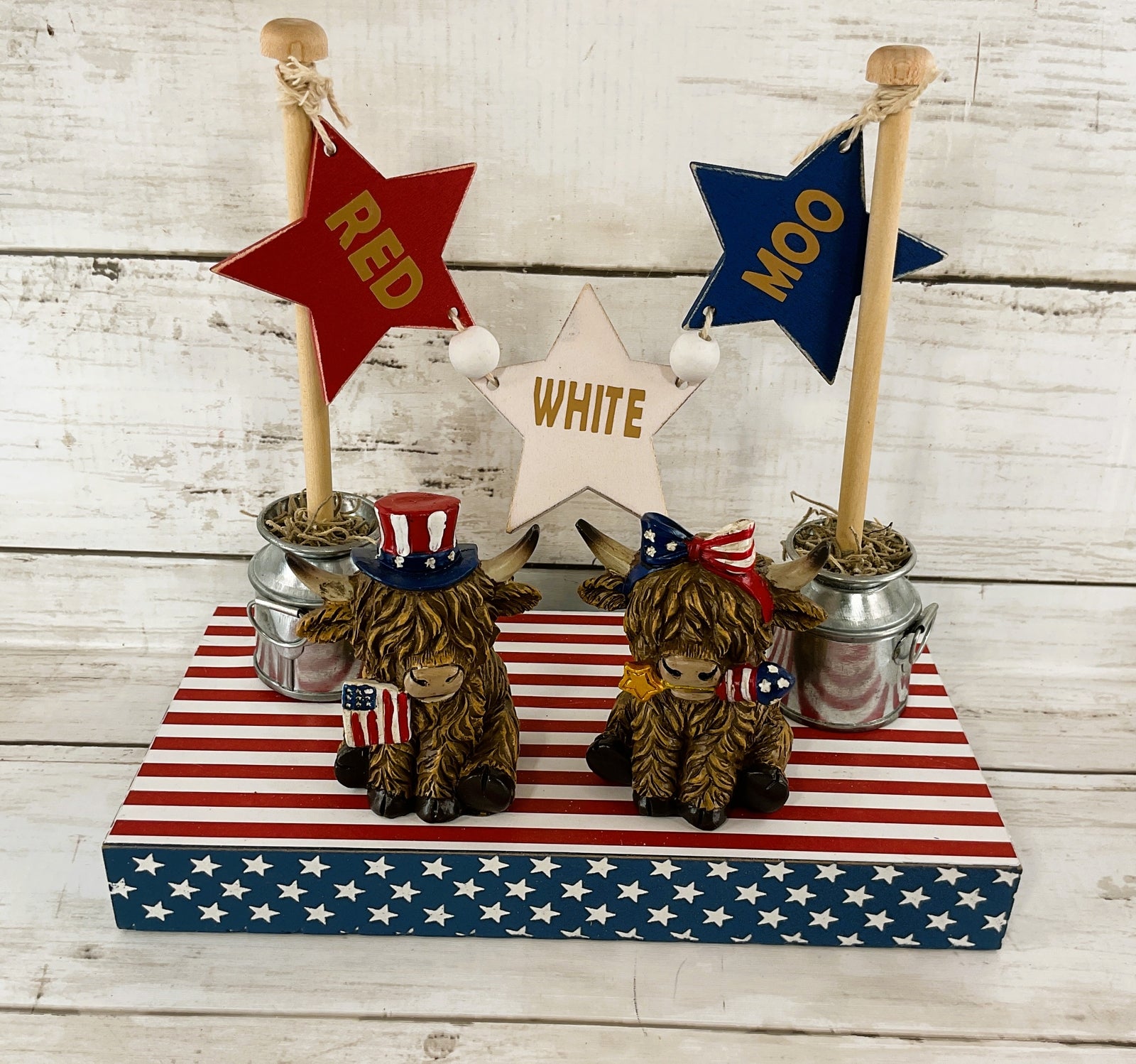 AGD Patriotic Decor - Red White Moo SMALL Highland Cows Banner Stand