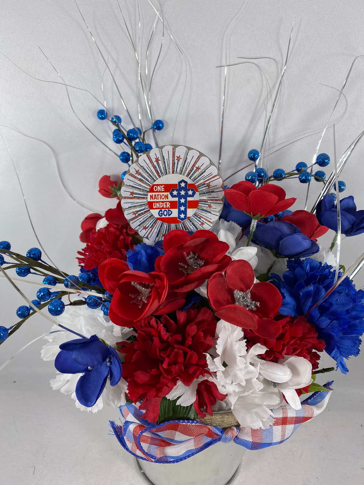 AGD Patriotic Decor  – One Nation Under God Red White Blue Floral Centerpiece