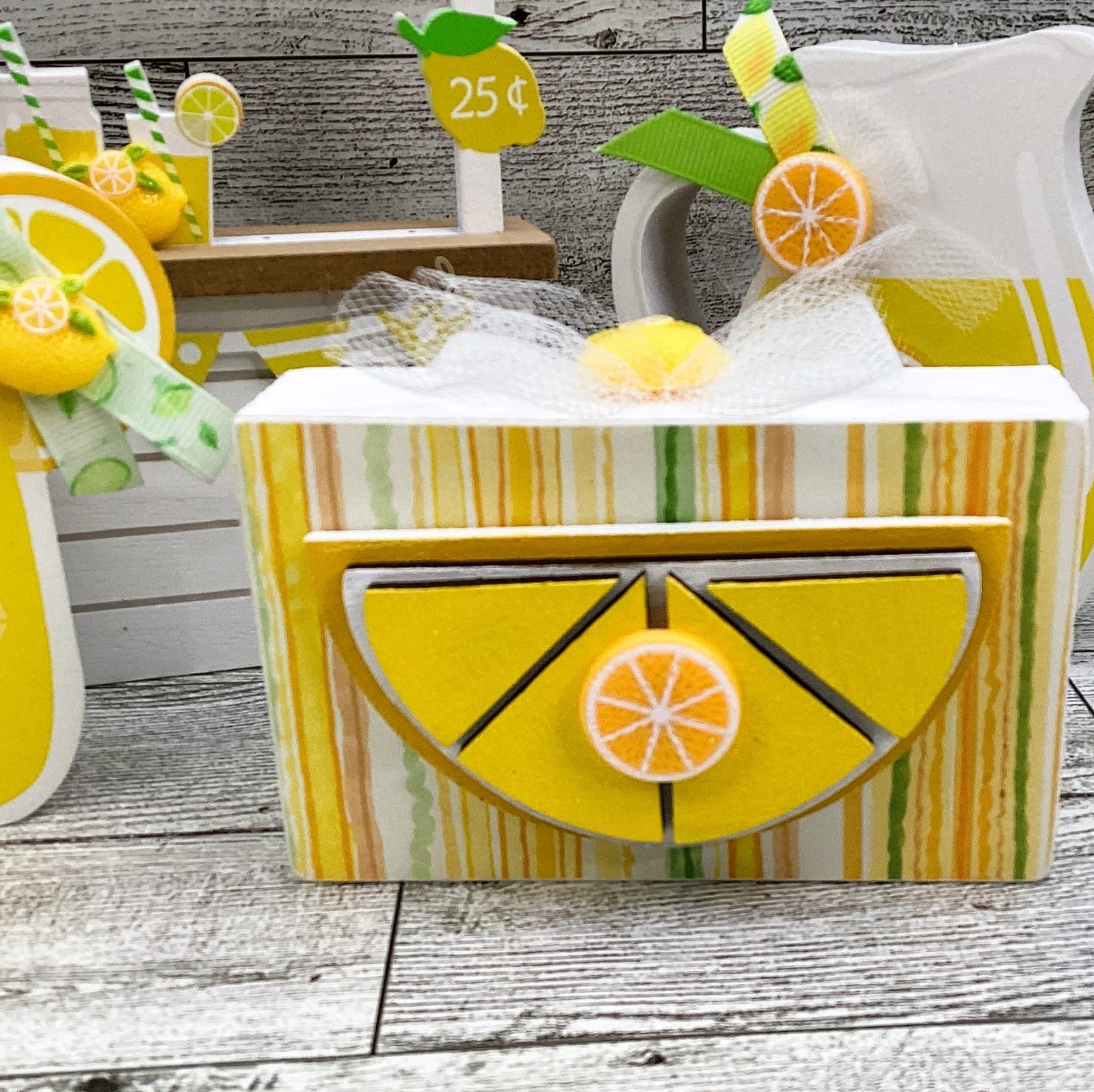 Summer Decor Lemon Lemonade Booth, Stand. Pitcher, Glass Tier Tray 4pc Set