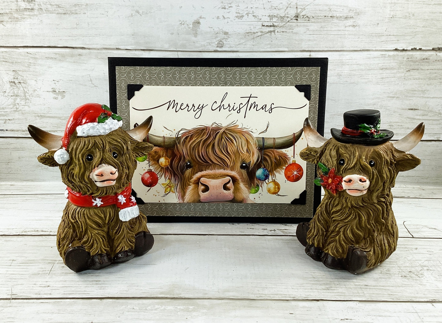 AGD Christmas Decor - Resin Scottish Highland Cow Couple Figurines 3pc Set