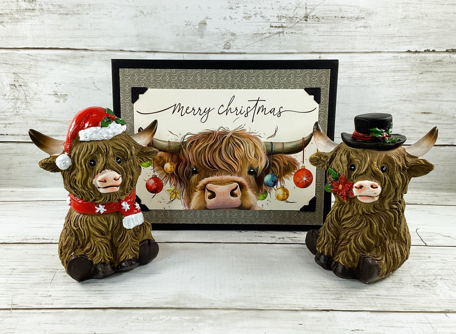 AGD Christmas Decor - Resin Scottish Highland Cow Couple Figurines 3pc Set