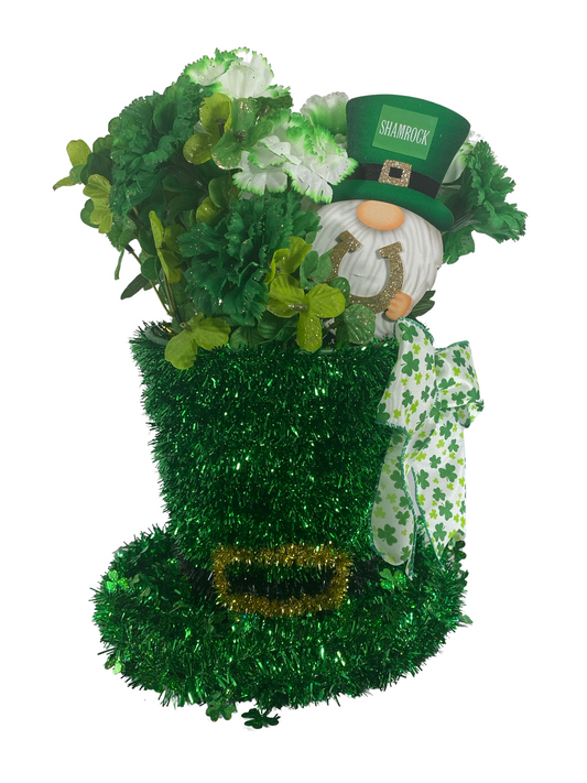 AGD St Patrick's Decor - Large Green Lighted Tinsel Tophat Centerpiece