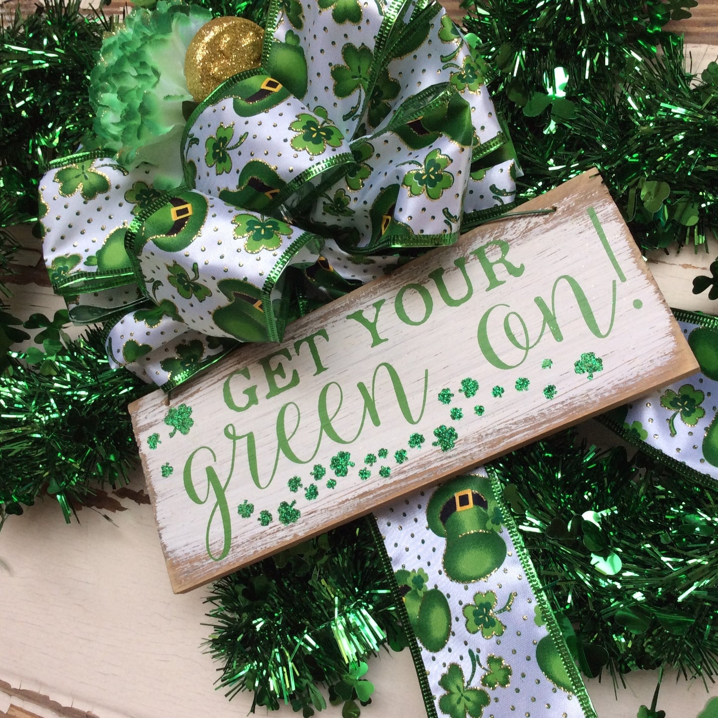 AGD St Patrick's Day Decor - Green Tinsel Shamrock Get Your Green On Wreath