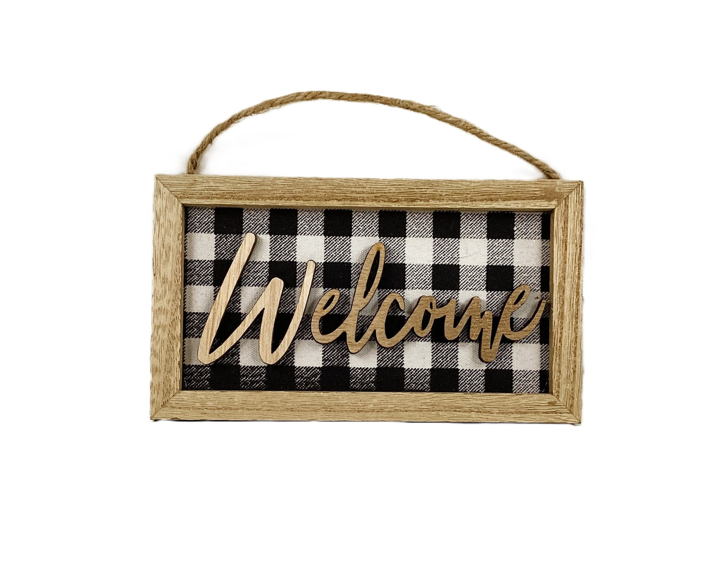 WM Farmhouse Welcome Black White Plaid Tiered Tray Sign