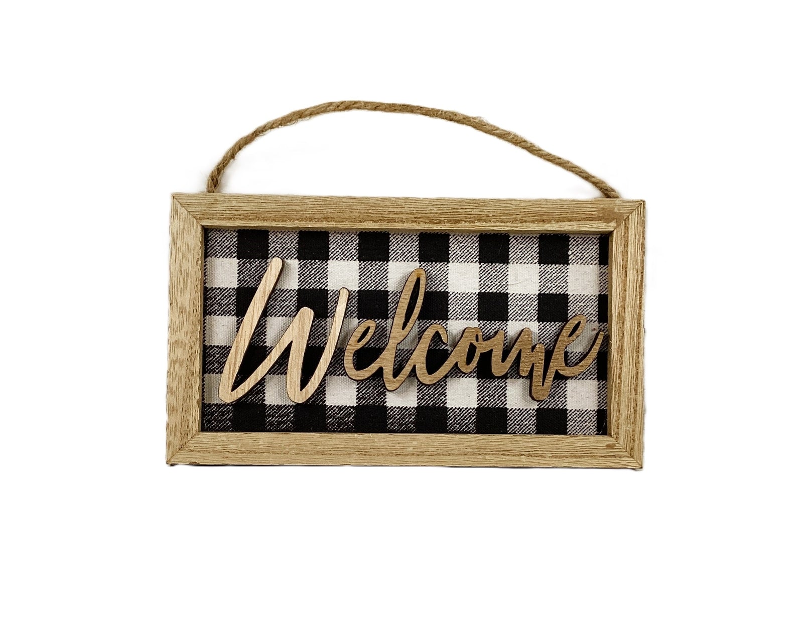 WM Farmhouse Welcome Black White Plaid Tiered Tray Sign