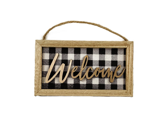 WM Farmhouse Welcome Black White Plaid Tiered Tray Sign