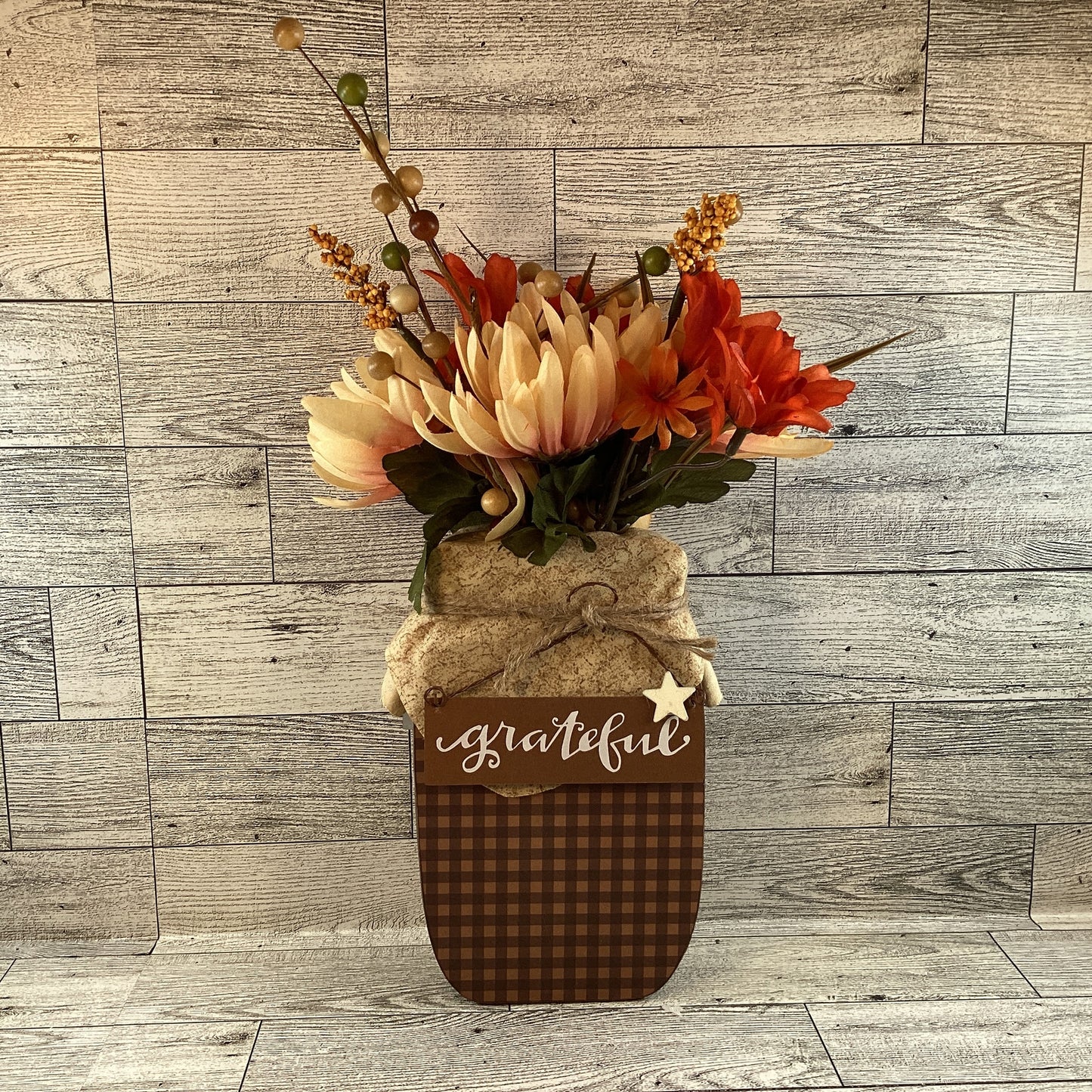 AGD Fall Decor - Autumn Blessed Grateful Floral Wood Mason Jar Display