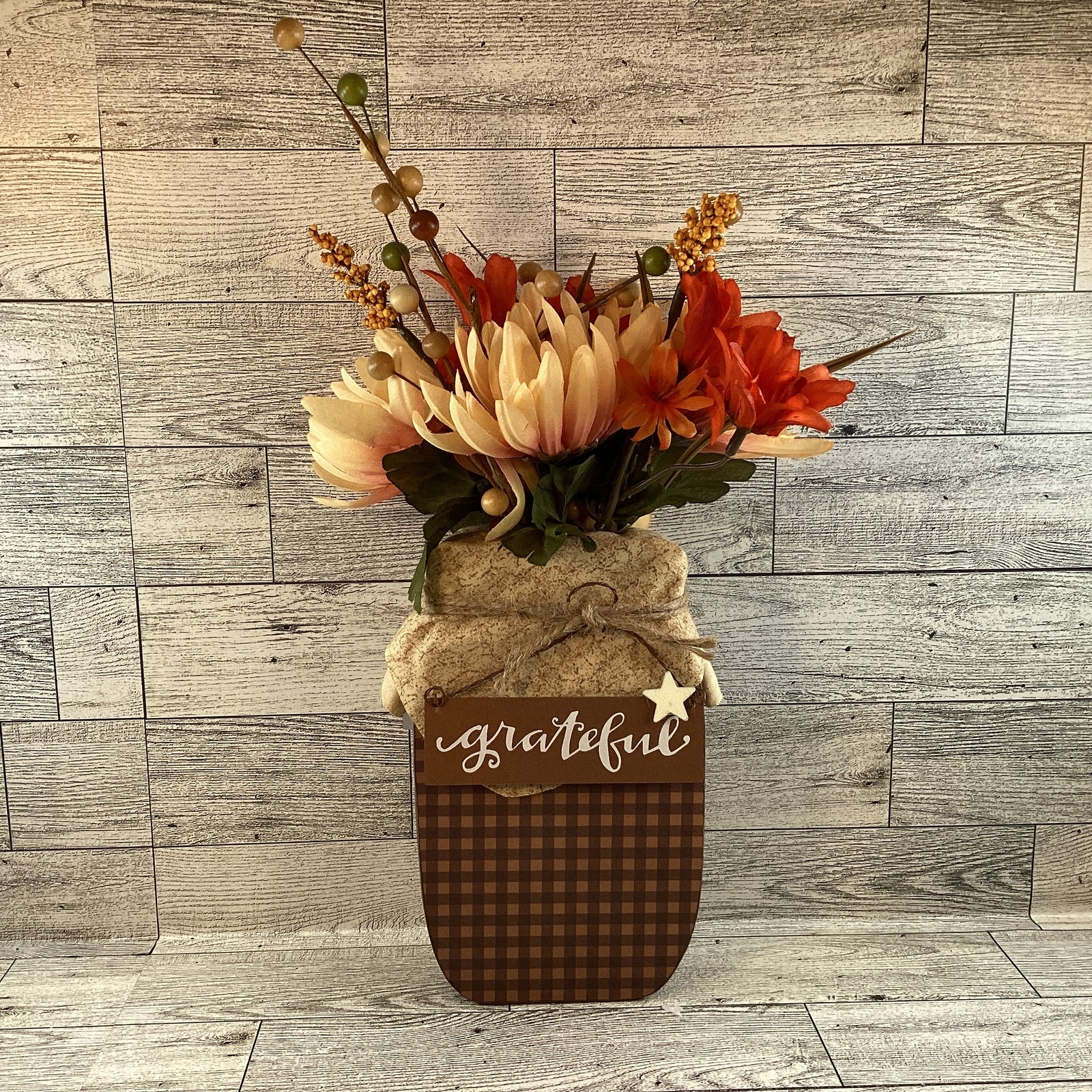 AGD Fall Decor - Autumn Blessed Grateful Floral Wood Mason Jar Display