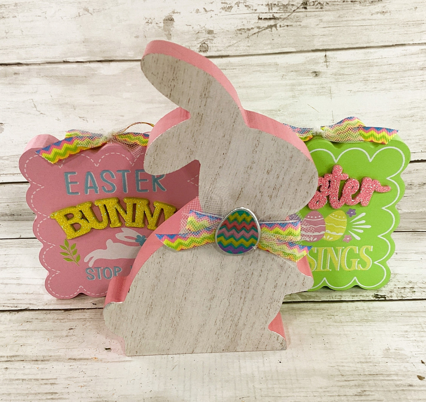 AGD Easter Decor - Chunky Wood Pastel Bunny & Signs 3pc Set