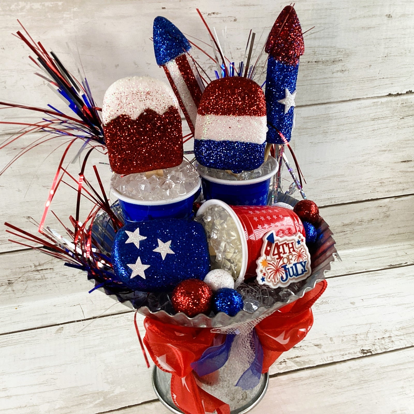 AGD Patriotic Decor - Glitter Popsicle Solo Cups Faux Ice Display