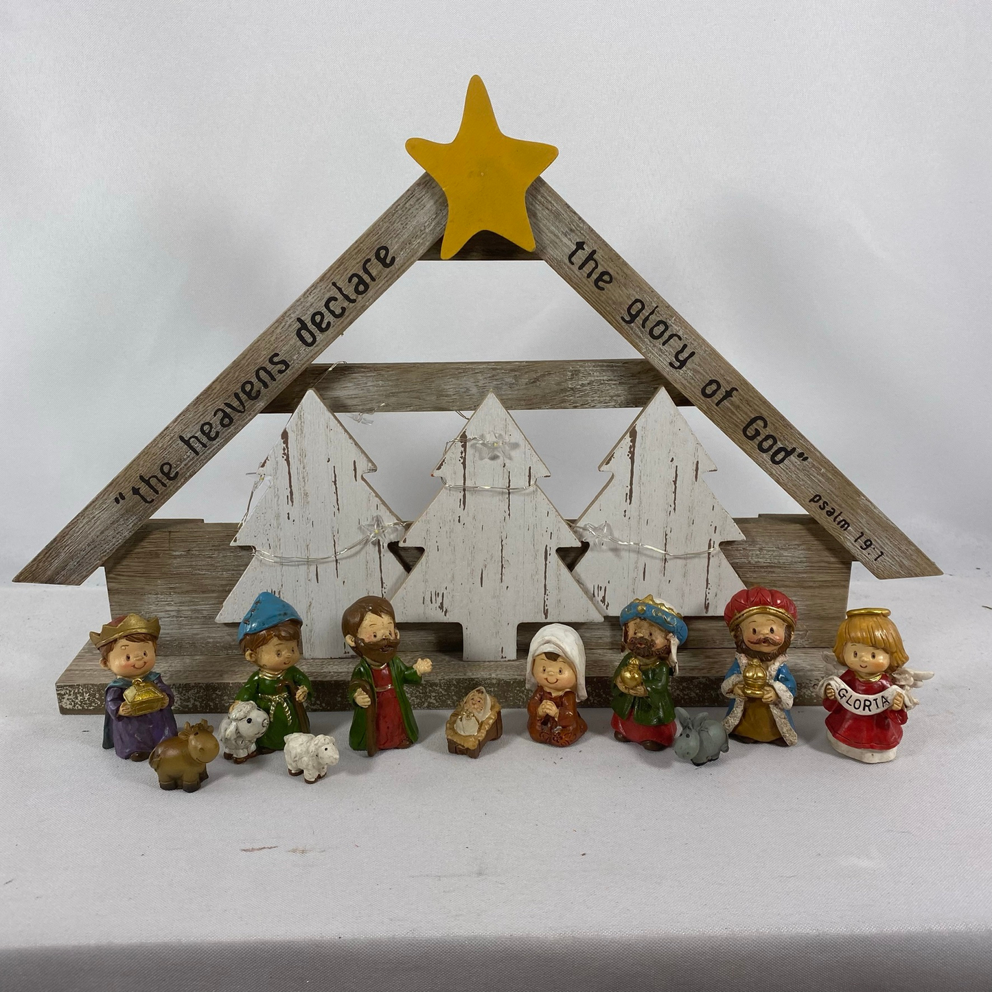 AGD Christmas Decor - Resin Children Nativity Lighted  Stable Wood Manger Set
