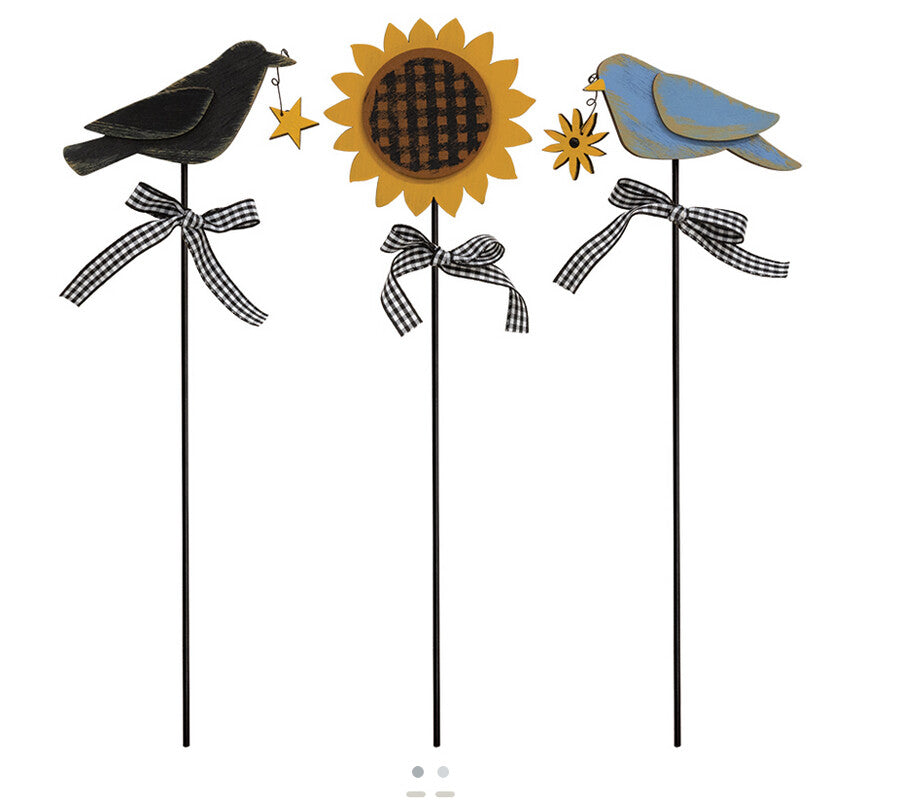 CWI Fall Decor - Crow Sunflower Blue Bird Wood Plant Pokes Picks 3pc