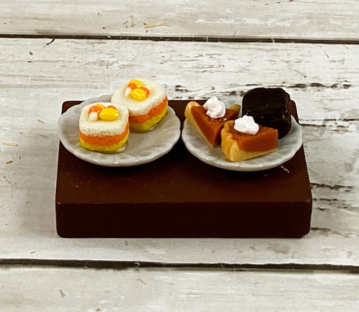 AGD Fall Decor - Miniature Candy Corn Pumpkin Pie on Plates Display