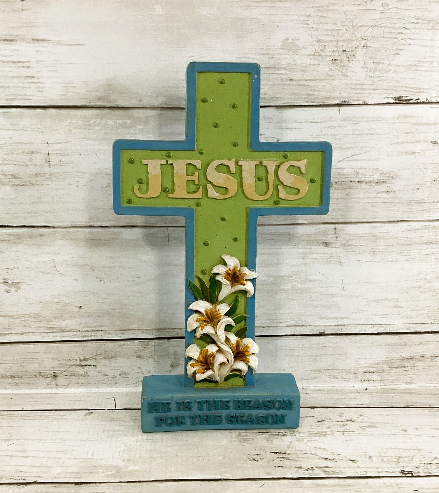 Easter Decor - Jesus Reason For Season Resin Blue Green Lilly Cross