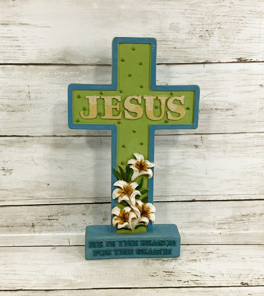Easter Decor - Jesus Reason For Season Resin Blue Green Lilly Cross