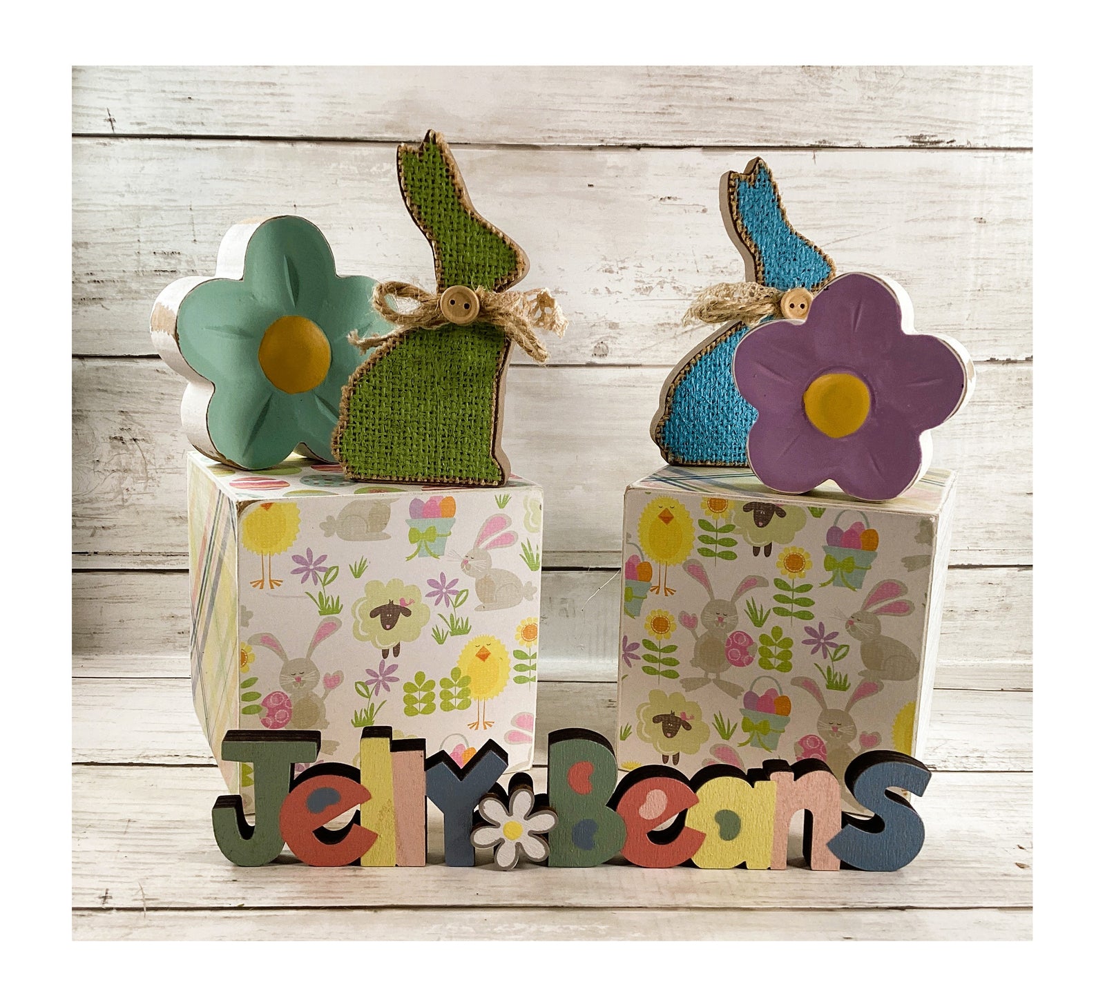 AGD Easter Decor - Jellybeans Block Signs Rabbit Spring Flowers Display