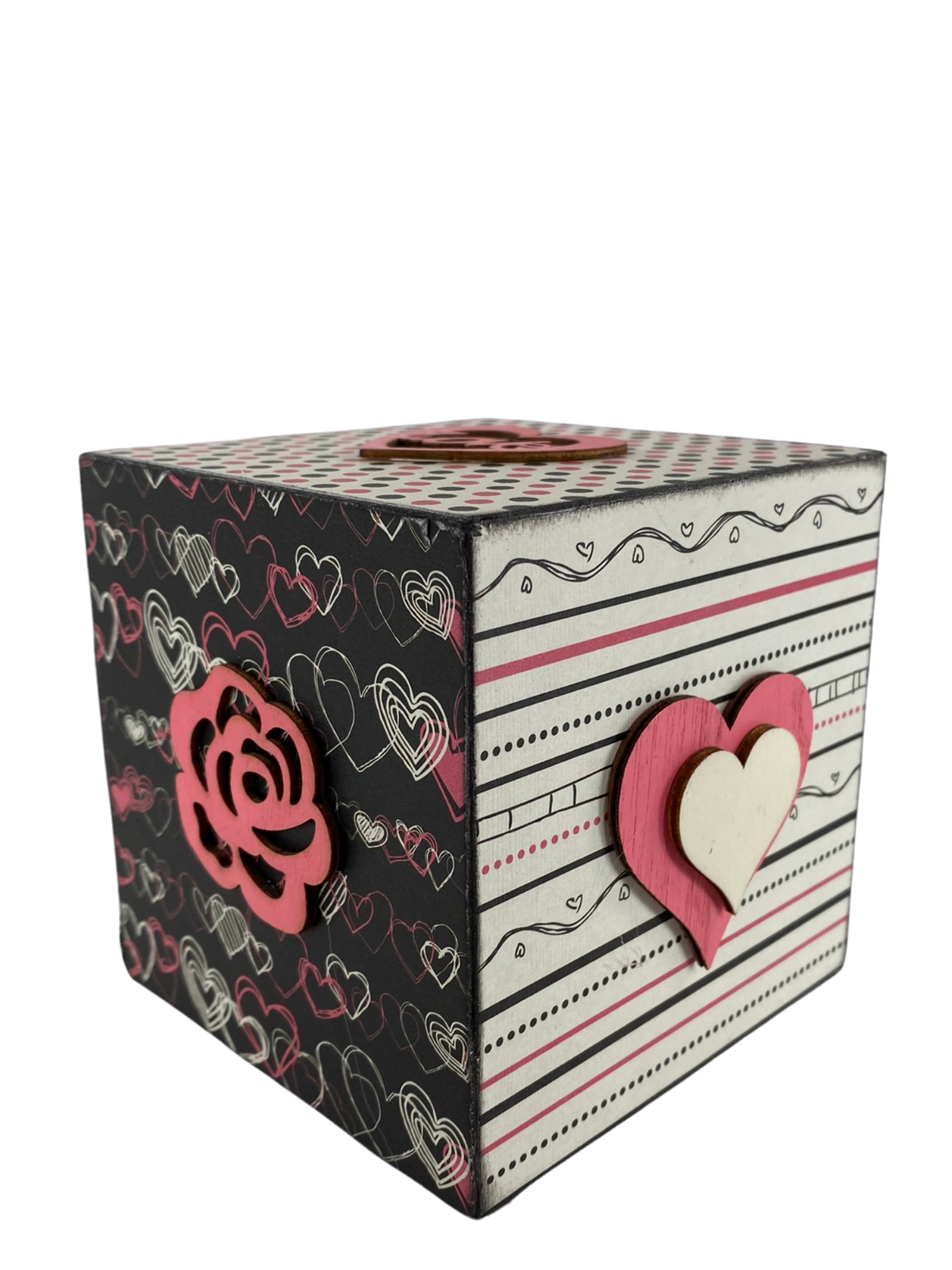 AGD Valentines Decor - Pink White Black Love Heart Icons Wood Block