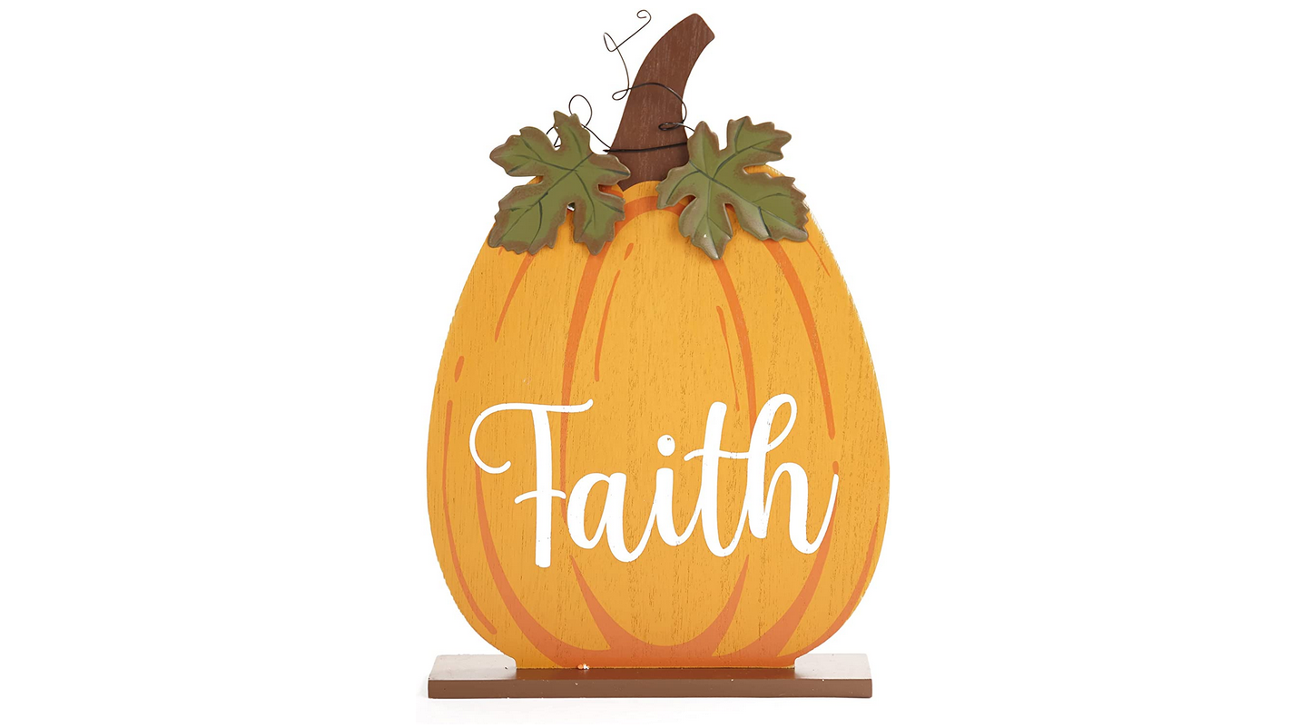 LC Fall Decor - Faith Wood Tabletop Orange Pumpkin 12inch