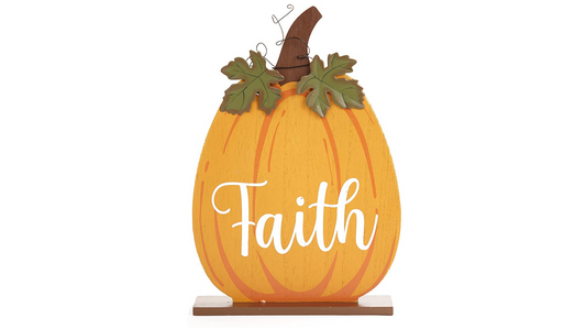 LC Fall Decor - Faith Wood Tabletop Orange Pumpkin 12inch