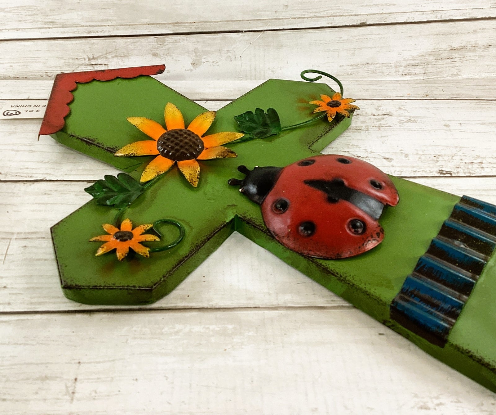 SPI Spring Summer Decor - Lady Bug Sunflower Metal House Cross Sign