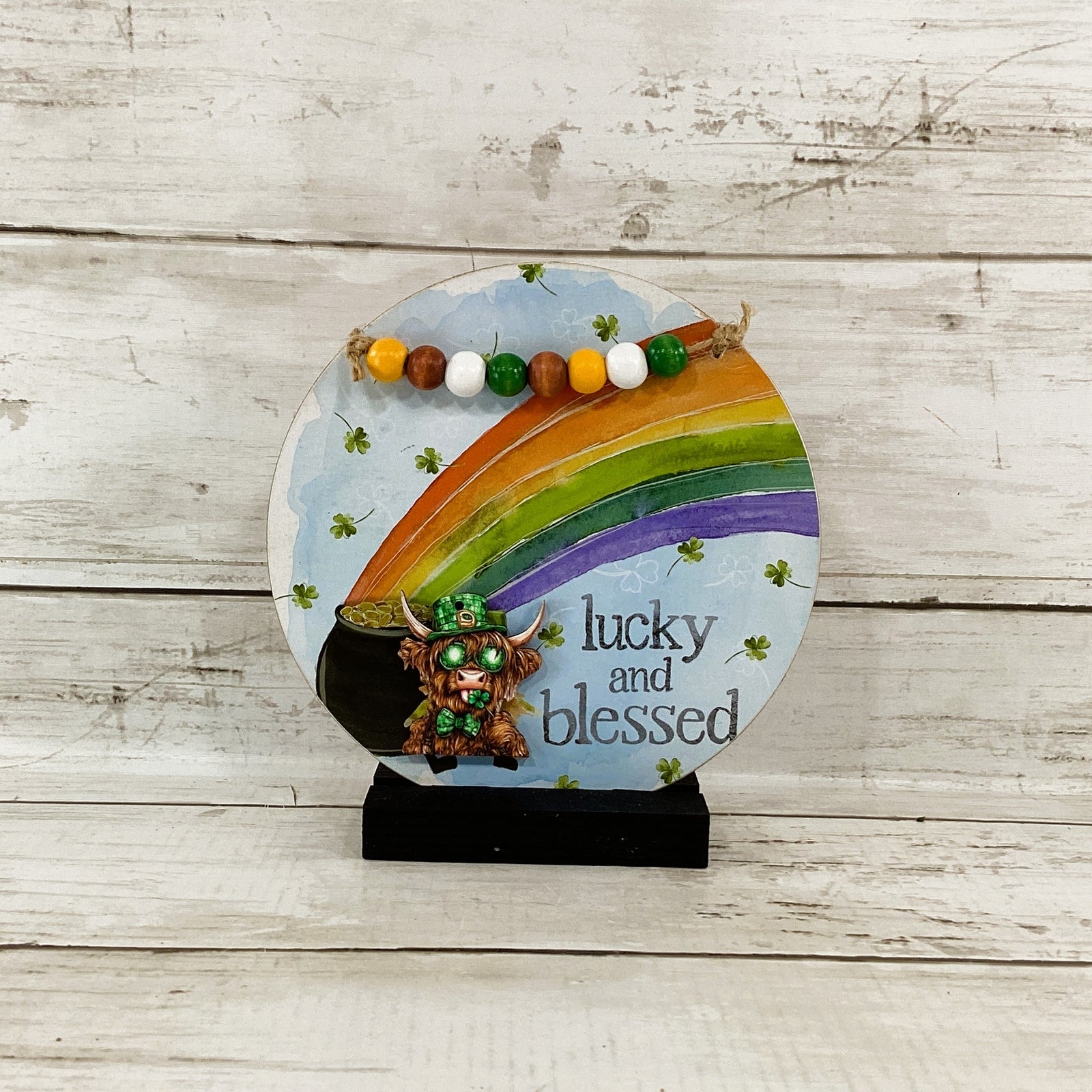 AGD St Patrick Decor - Highland Cow Lucky and Blessed Sign