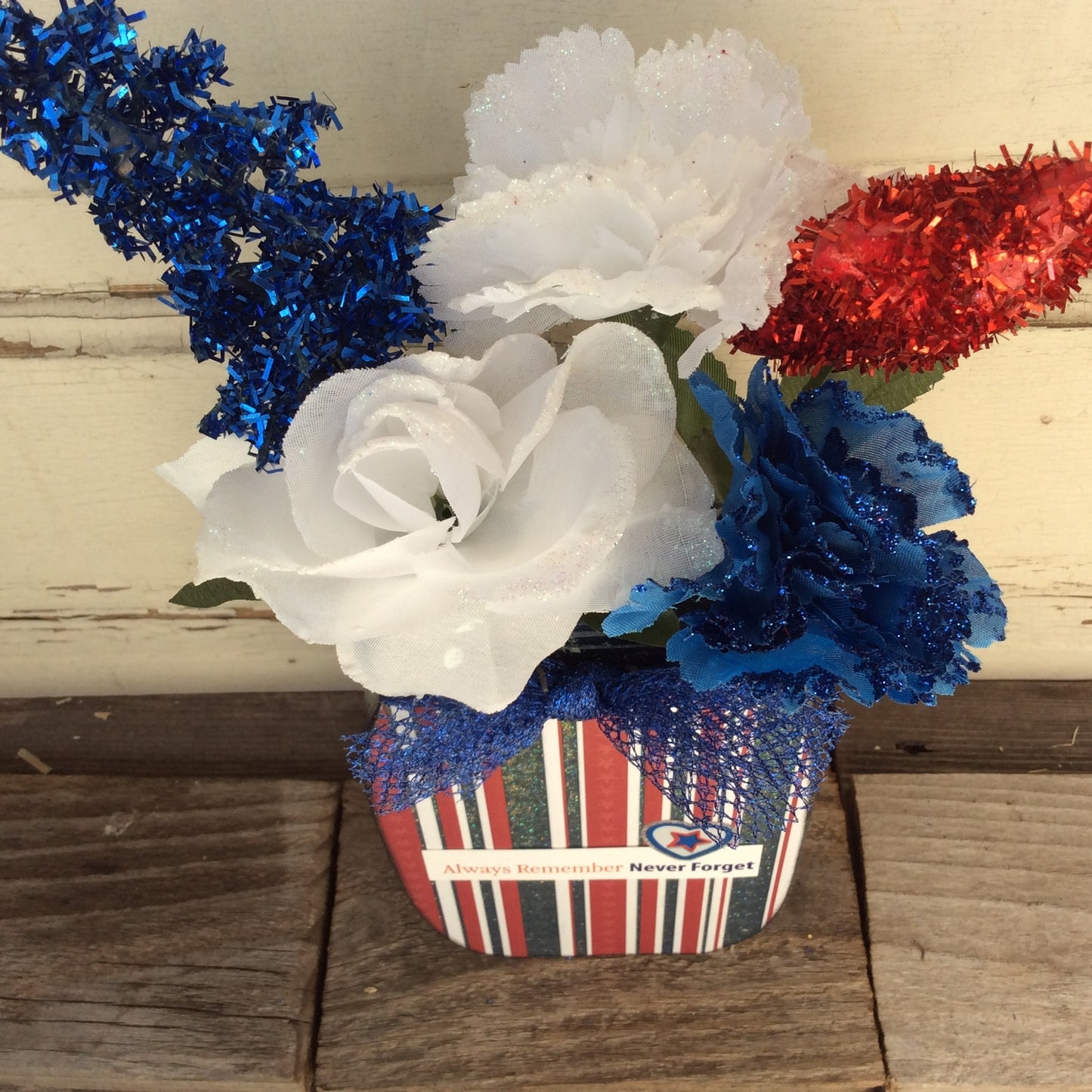 AGD Patriotic Decor - Always Remember 911 Floral Wood Mason Jar Display