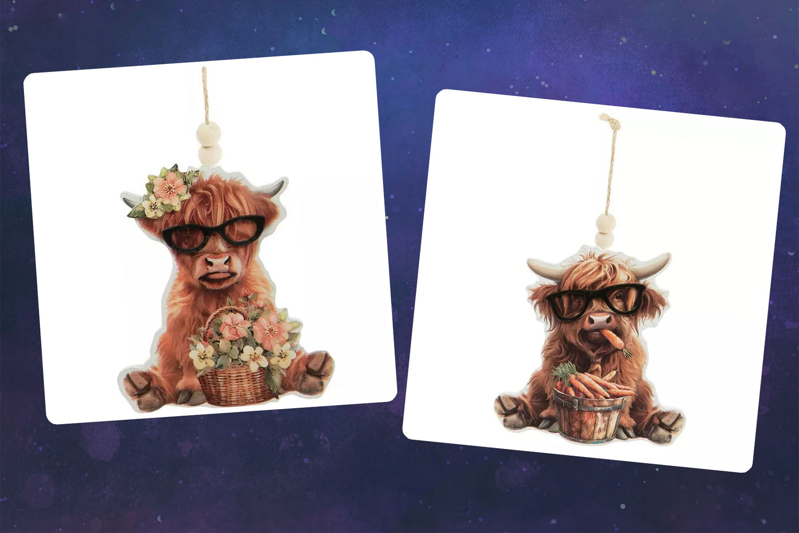 HL Spring Decor - Flower & Carrot Highland Cow Ornaments 2pc
