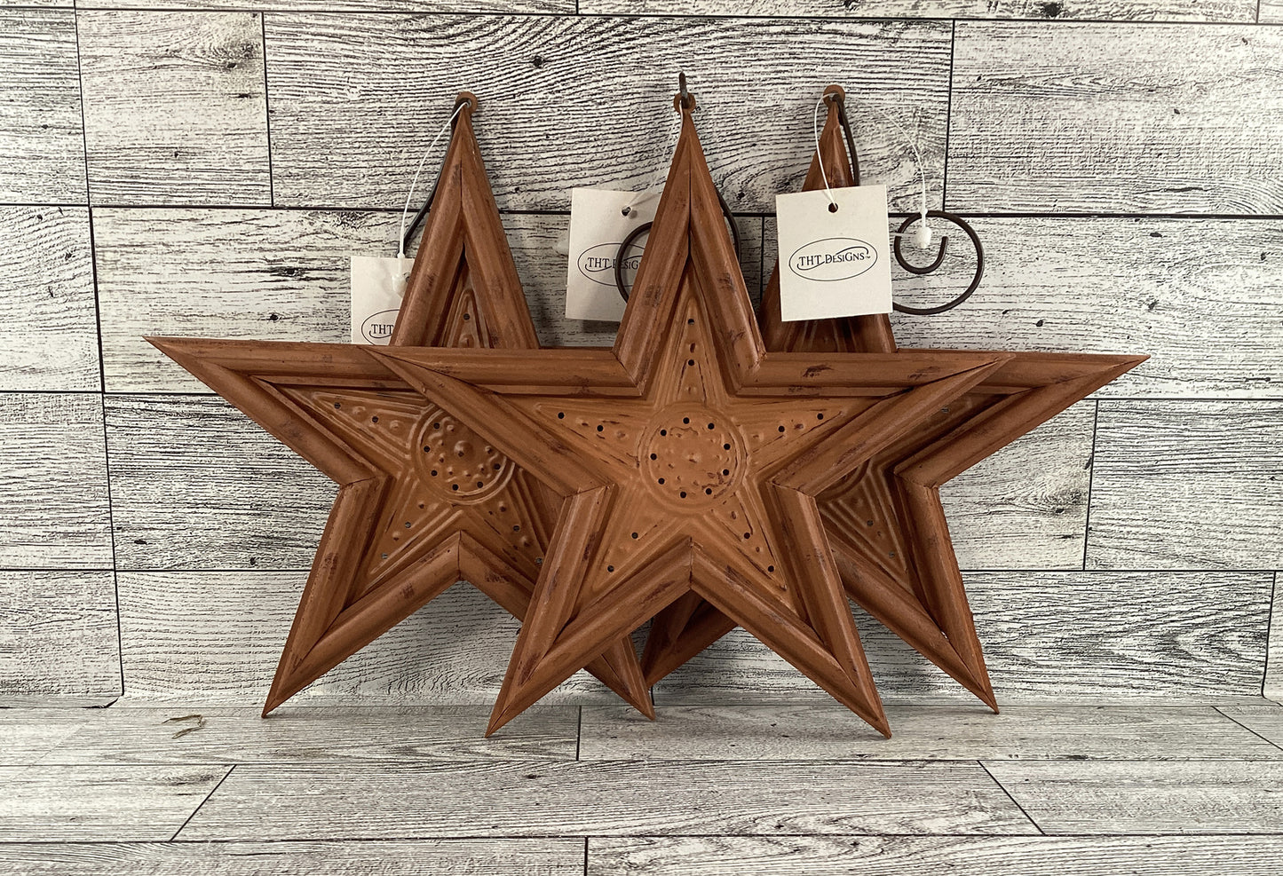 THT  Prim Decor - Fall Autumn Muted Orange Star Ornament 3pc