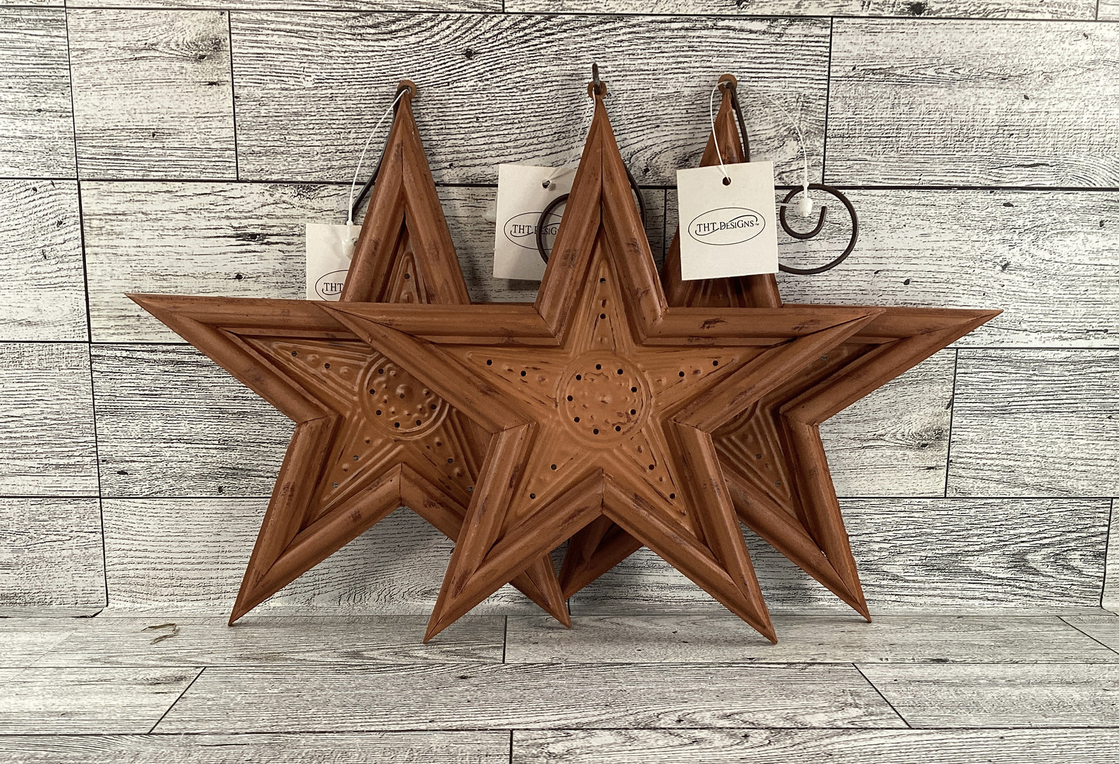 THT  Prim Decor - Fall Autumn Muted Orange Star Ornament 3pc