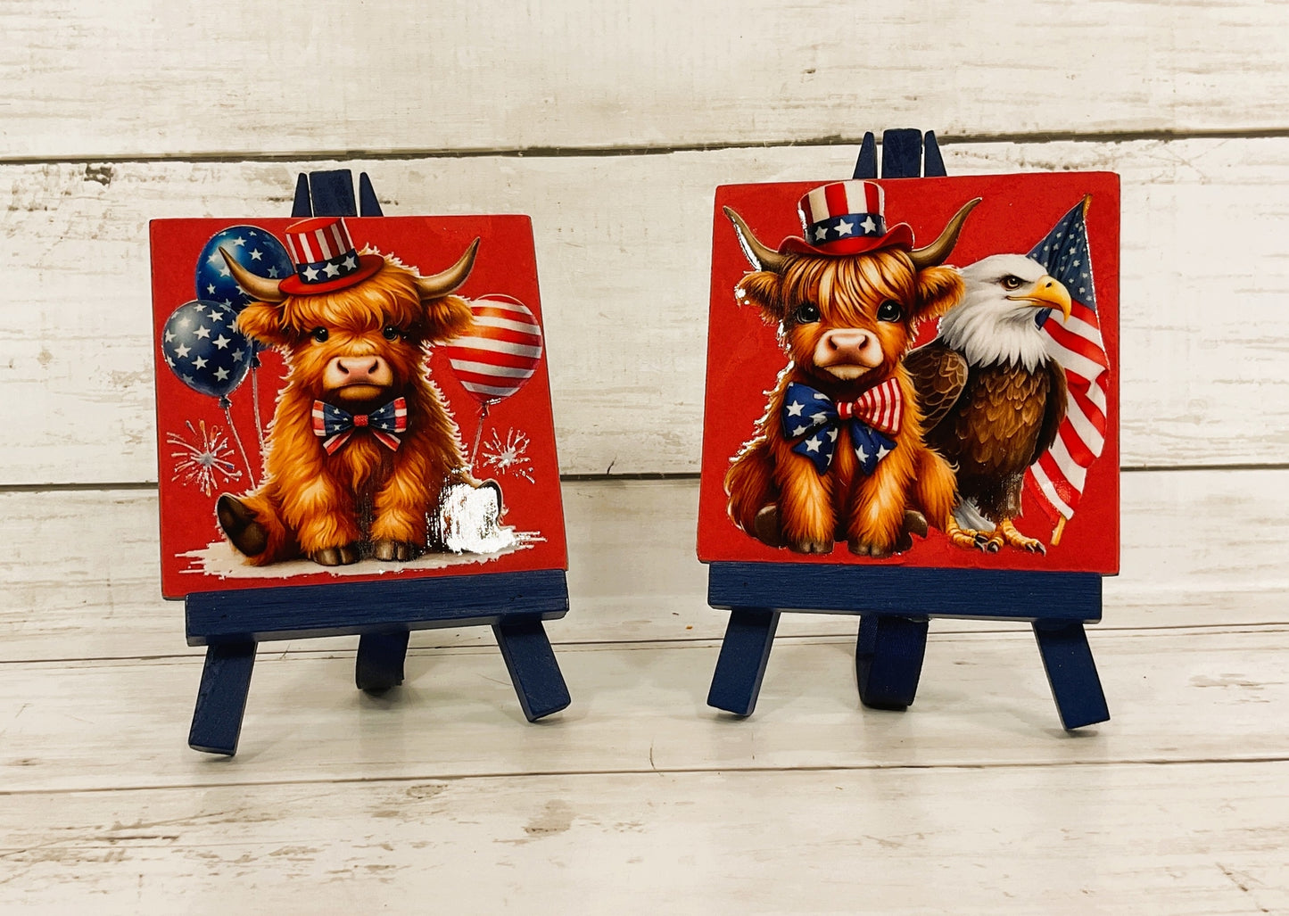 AGD Patriotic Decor - July 4th Highland Cow Tier Tray SM Wood Signs 2pc