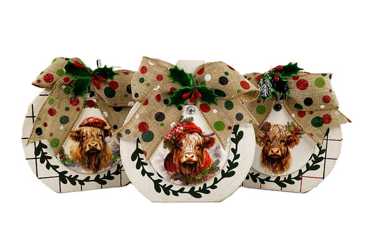 AGD Christmas Decor - Highland Cow Wood Chunky Wood Bulb Sitter 3pc