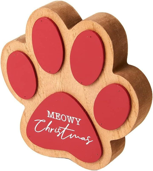 Lakeside Christmas Decor - Cat Meowy Christmas Chunky Wood Paw Sitter
