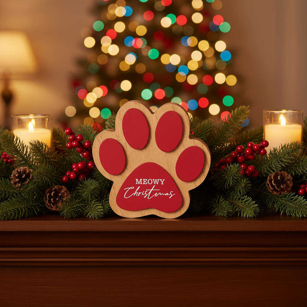 Lakeside Christmas Decor - Cat Meowy Christmas Chunky Wood Paw Sitter