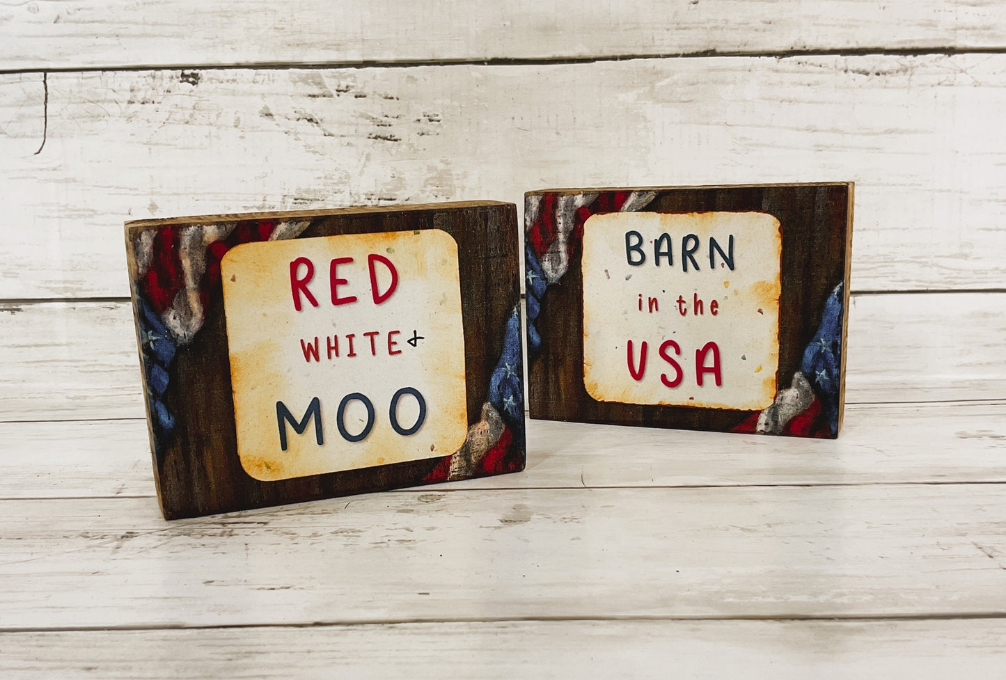 AGD Patriotic Decor- Highland Cow Barn Wood Block Small Signs 2pc