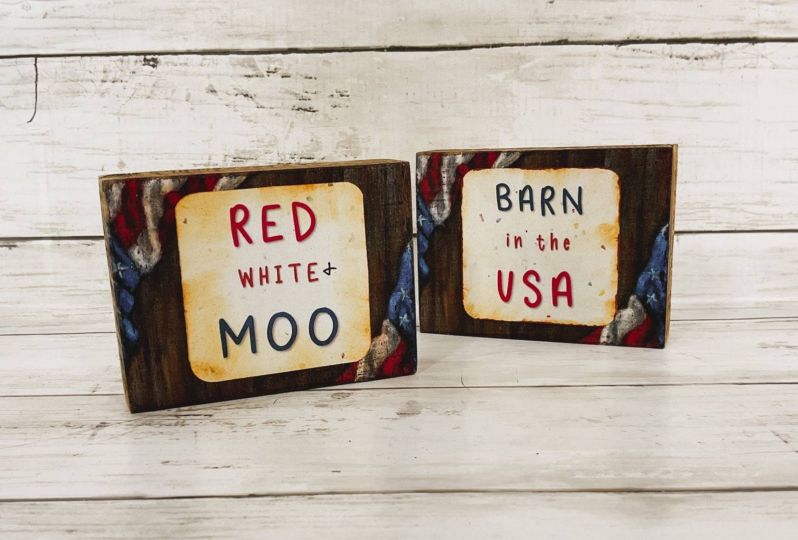 AGD Patriotic Decor- Highland Cow Barn Wood Block Small Signs 2pc