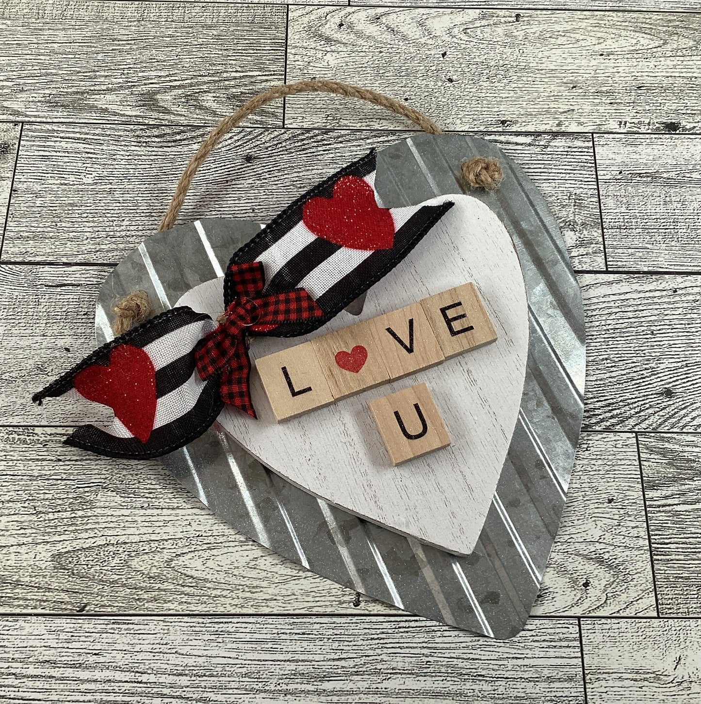 AGD Valentines Decor - Love You Wood Tile Tin Wood Heart Ornament