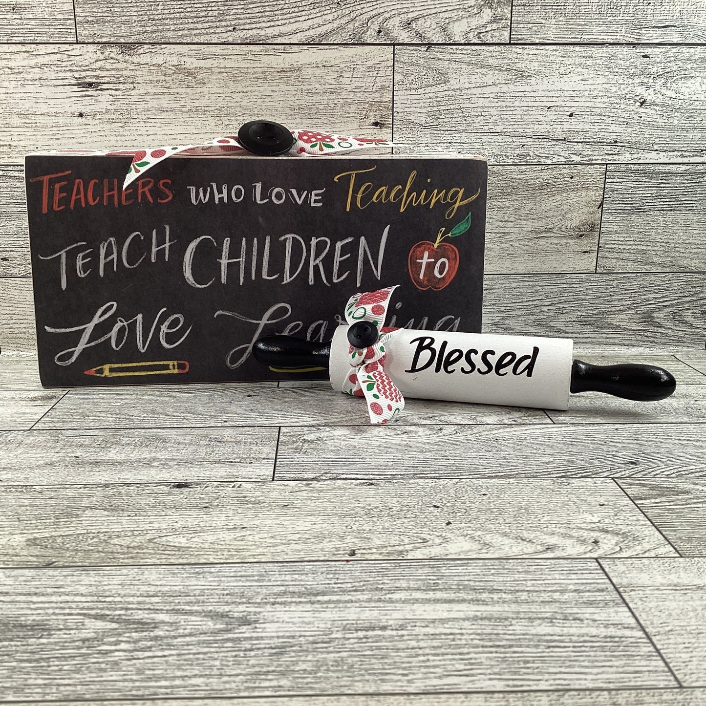 AGD Teacher Gift - School Love to Learn Blessed Rolling Pin and Box Sign 2pc