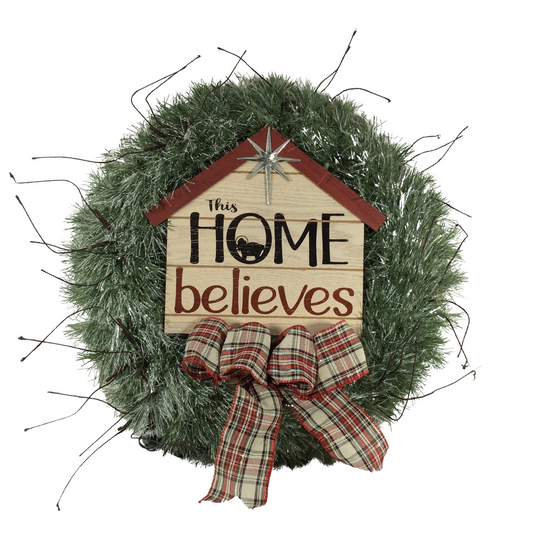 AGD Christmas Decor - Faux Pine This Home Believes Lighted Tinsel Wreath