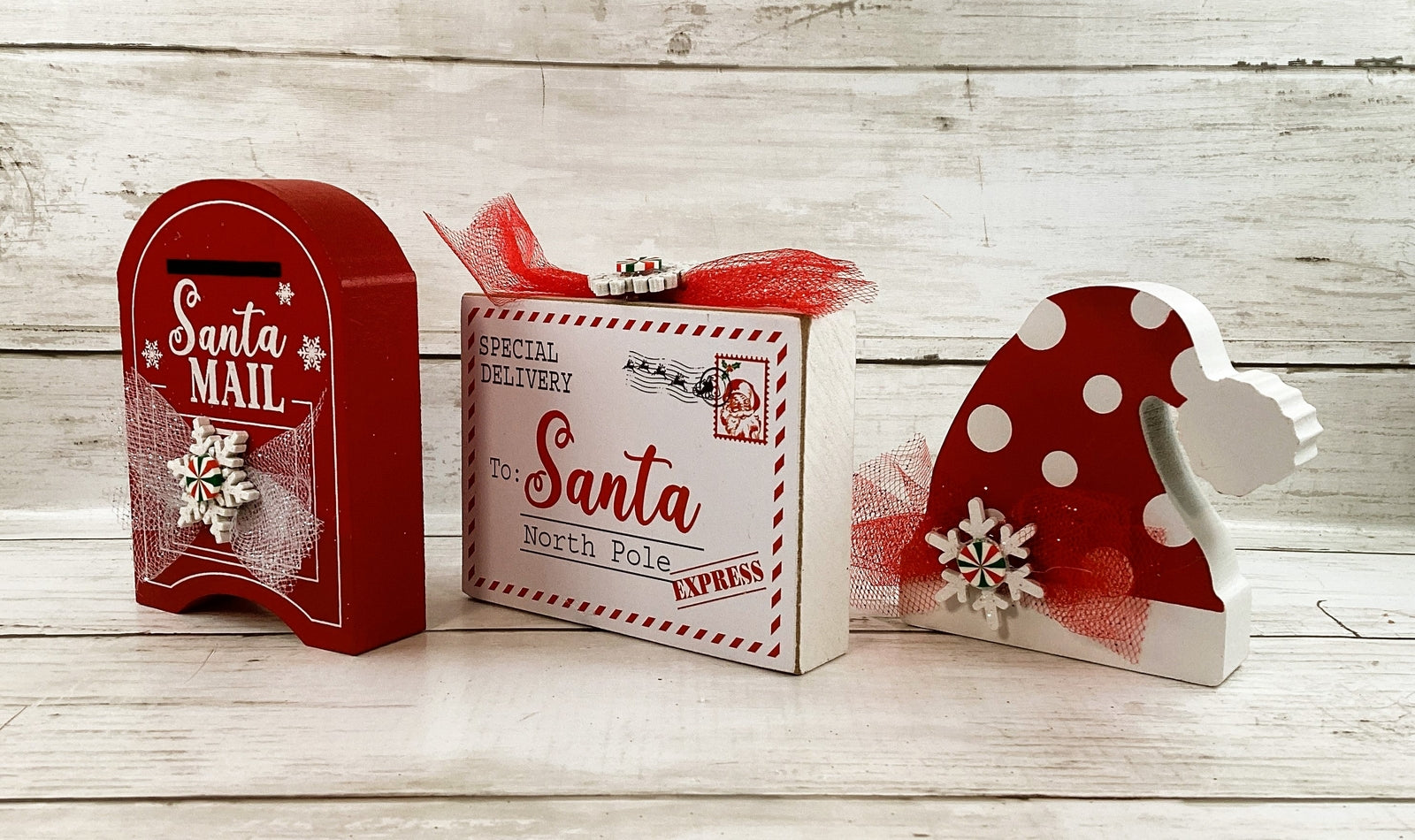 AGD Christmas Decor - Red White Mail Box North Pole Letter Santa Hat 3pc