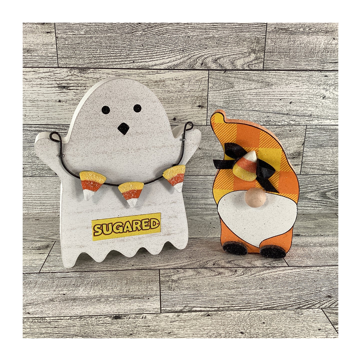 AGD Halloween Decor - Candy Corn Chunky Gnome and Ghost 2pc Set