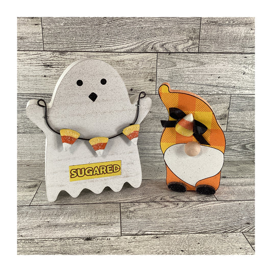 AGD Halloween Decor - Candy Corn Chunky Gnome and Ghost 2pc Set