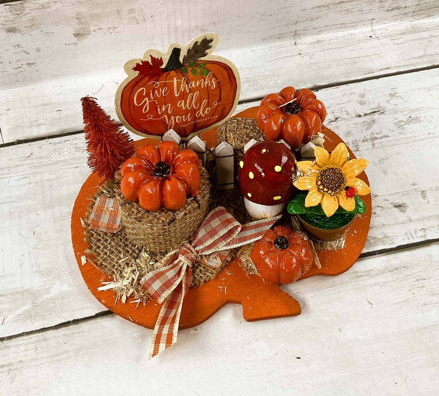 AGD Give Thanks Resin Figurine Scene on Pumpkin Base