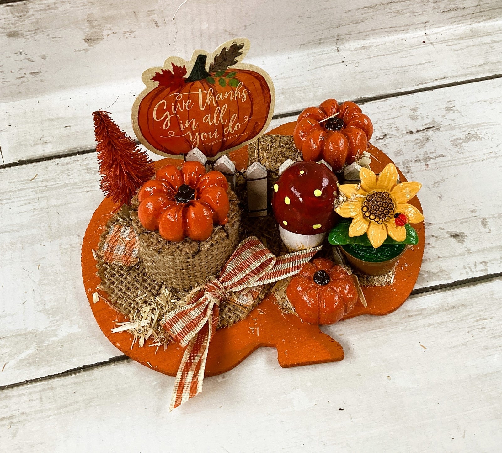 AGD Give Thanks Resin Figurine Scene on Pumpkin Base