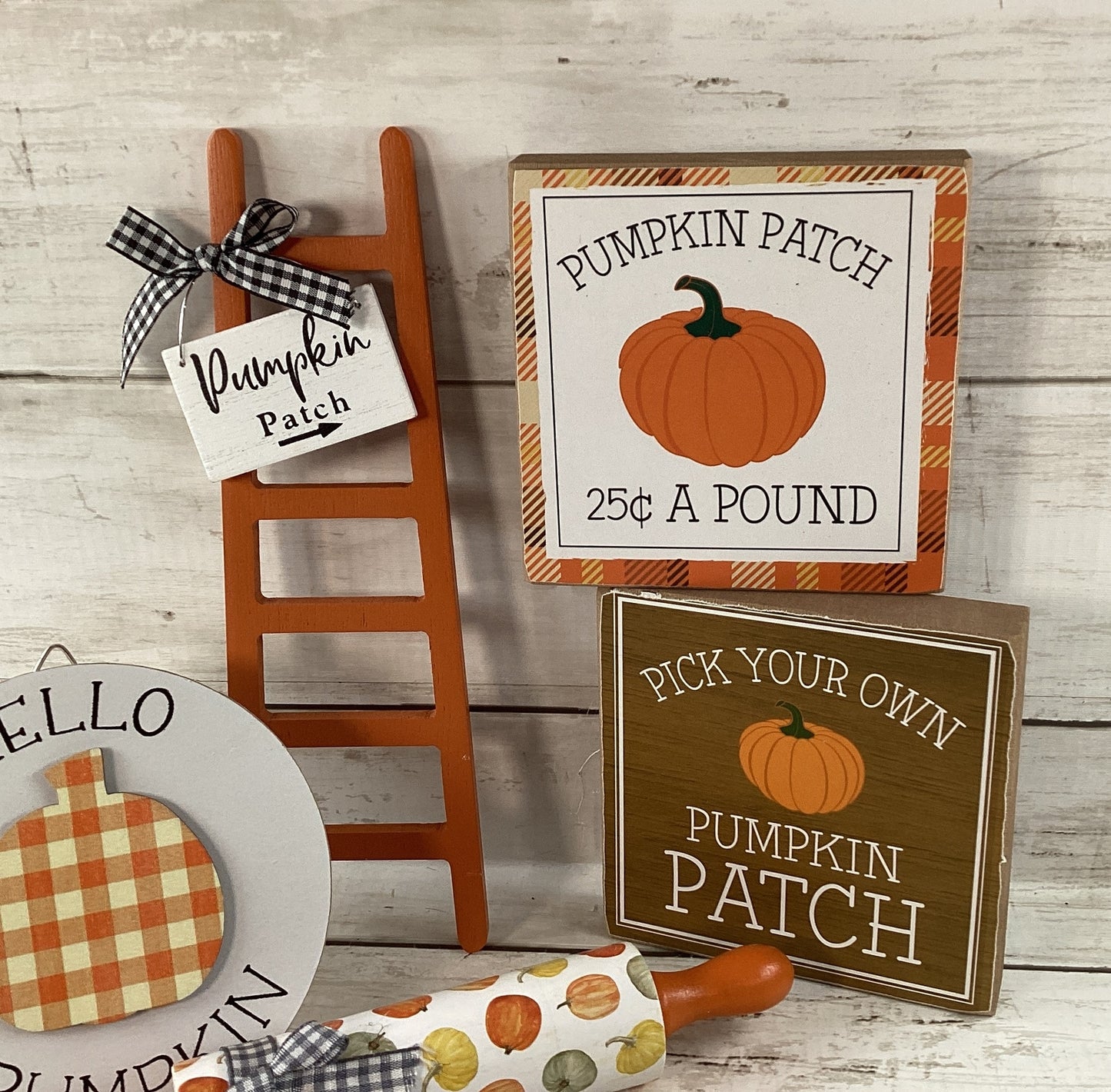 HL Fall Decor - Hello Pumpkin Theme Ladder Rolling Pin Tier Tray 5pc Set