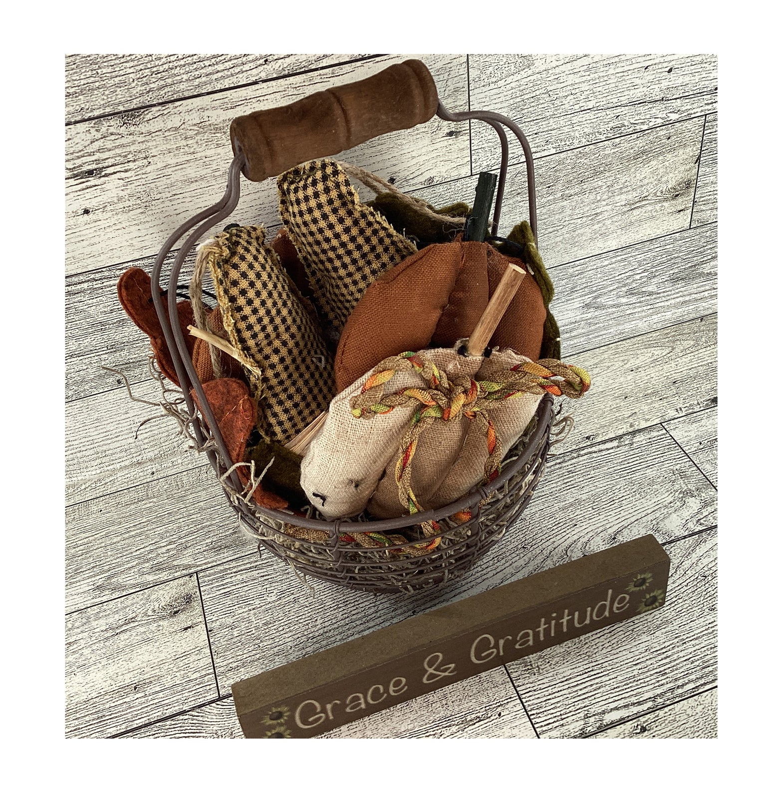 AGD Fall Decor - Metal Basket Filled with Fabric Pumpkin Corn Veggies