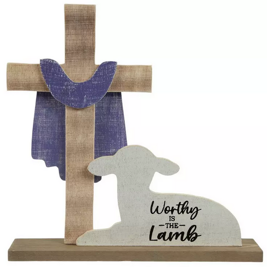 HL Easter Decor - Wood Worthy of the Lamb Cross Tabletop Display