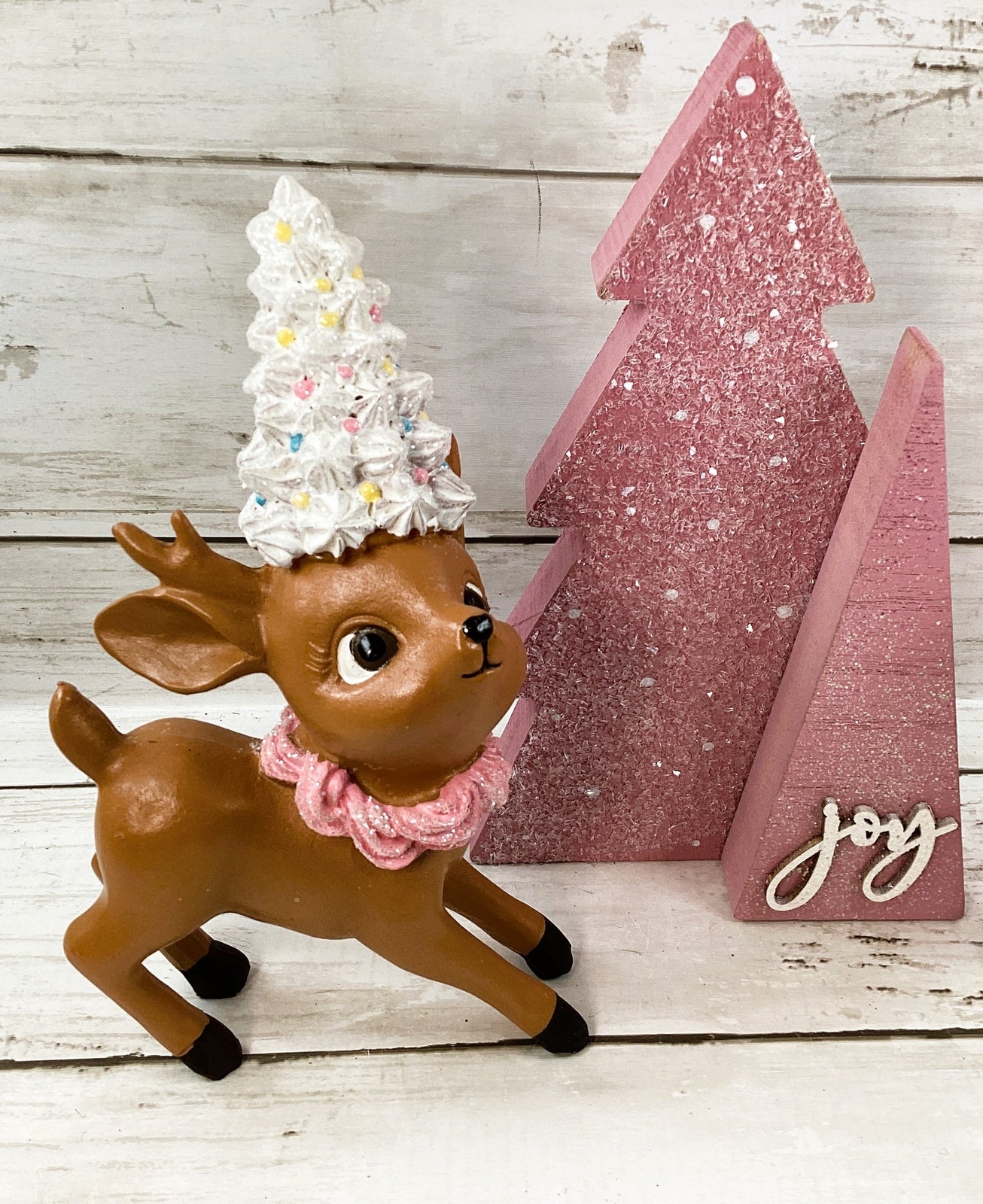 AGD Christmas Decor - Pink Joy Tree Frosting Reindeer Figurines 3pc
