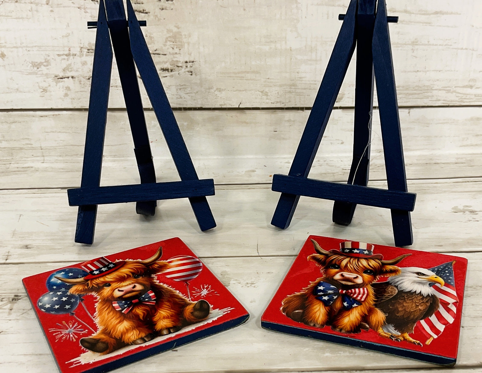 AGD Patriotic Decor - July 4th Highland Cow Tier Tray SM Wood Signs 2pc