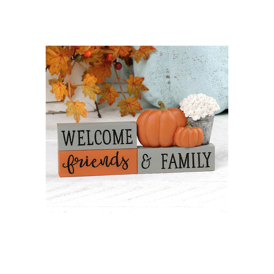 BB Fall Decor - Welcome Friends Family Gray and Orange Resin Sign