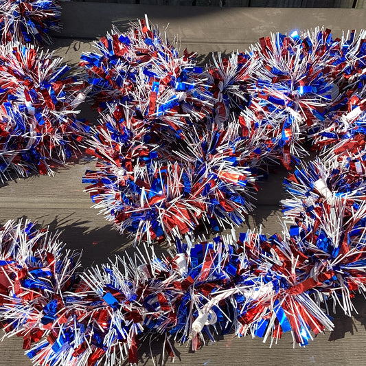 AGD Patriotic Decor -  Red White Blue Metallic Thick Tinsel Lighted Garland 12ft